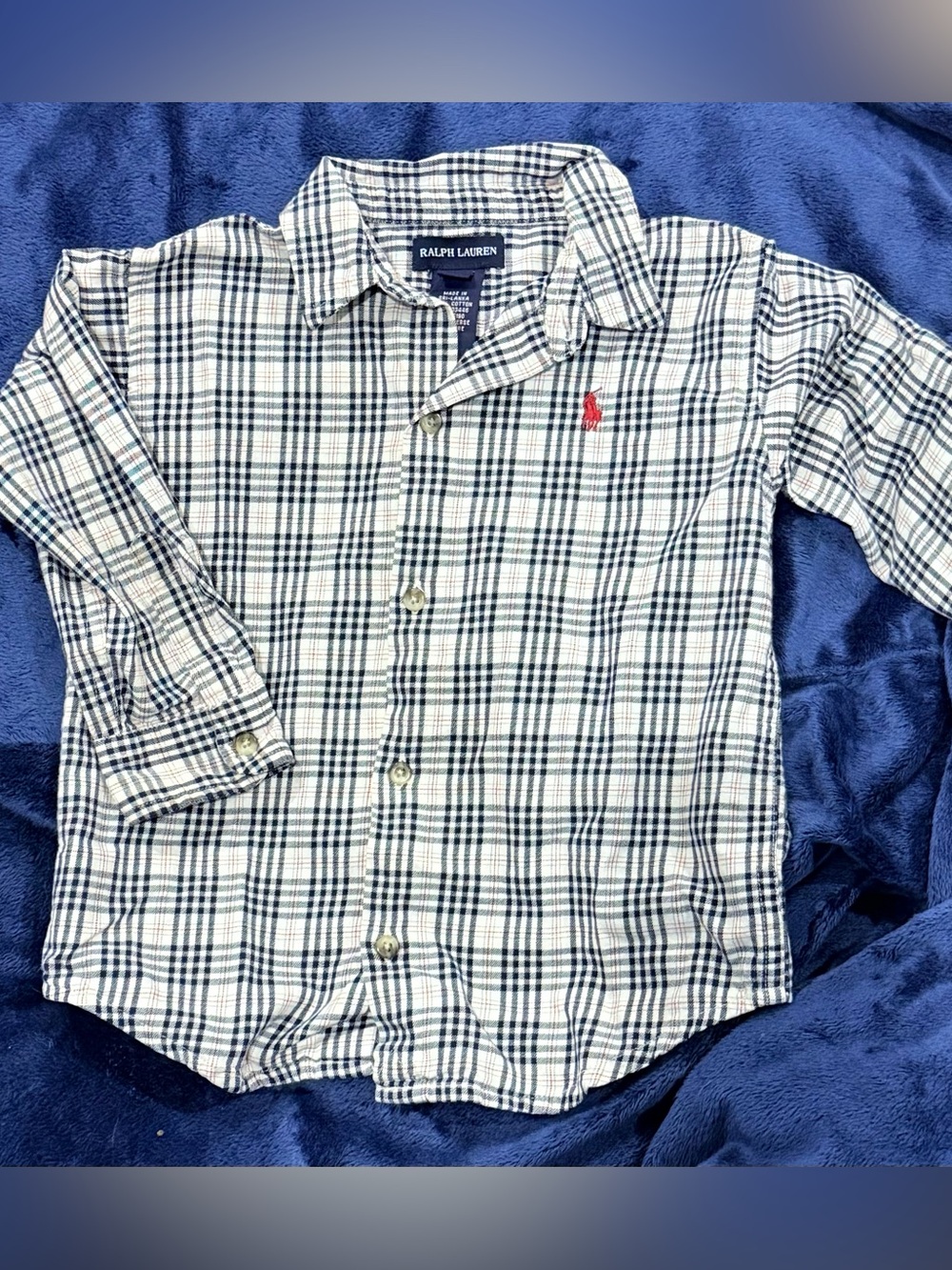 Ralph Lauren White & Navy Plaid Button-Down Shirt with Red Polo Logo